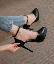 Black High Heels Faux Leather Beautiful Splicing Buckle Strap