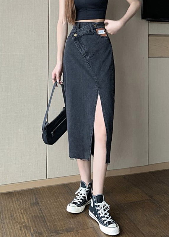 Black High Waist Pockets Button Solid Denim A Line Skirt