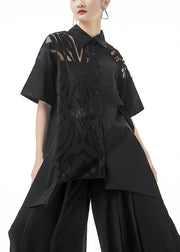 Schwarze, ausgehöhlte Baumwollhemden, asymmetrisches Design, kurze Ärmel