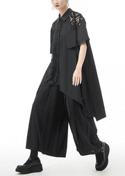 Schwarze, ausgehöhlte Baumwollhemden, asymmetrisches Design, kurze Ärmel
