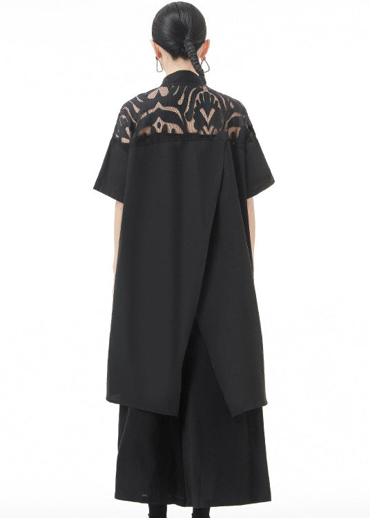 Black Hollow Out Cotton Shirts Asymmetrical Design Short Sleeve