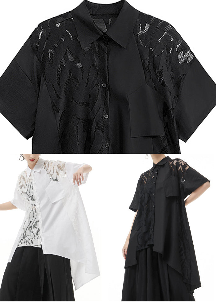 Black Hollow Out Cotton Shirts Asymmetrical Design Short Sleeve