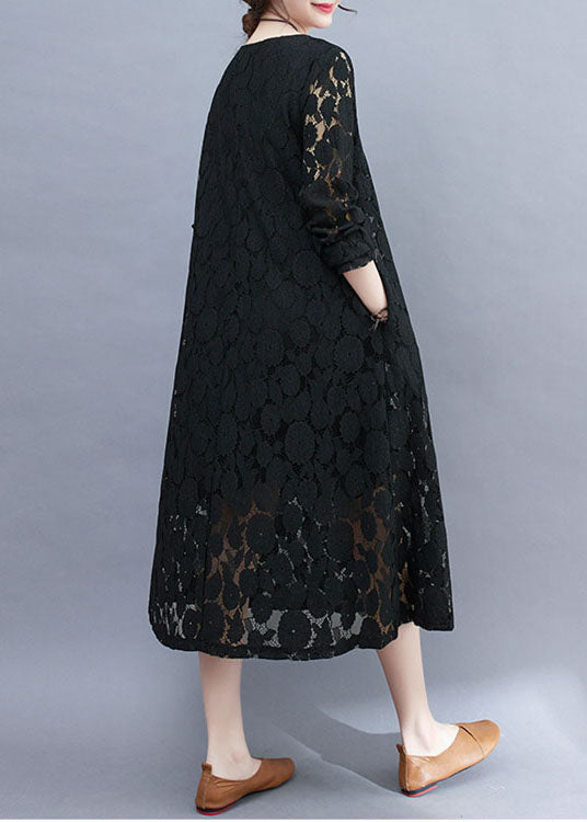 Black Hollow Out Lace A Line Dress O-Neck Summer