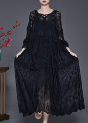 Black Hollow Out Lace Long Dress Two Pieces Set Embroidered Spring