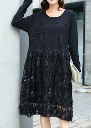 Black Hollow Out Lace Patchwork Knit Dress O Neck Spring