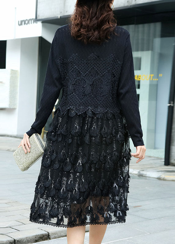 Black Hollow Out Lace Patchwork Knit Dress O Neck Spring