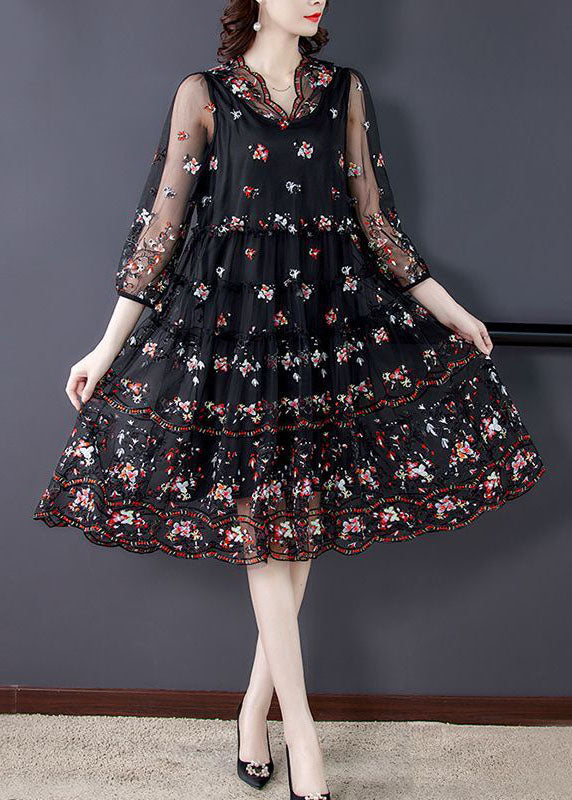 Black Hollow Out Tulle Dress Ruffled Exra Large Hem Summer