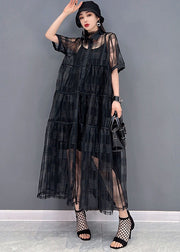 Black Hollow Out Tulle Shirt Dress Two Piece Set Outfits Button Summer