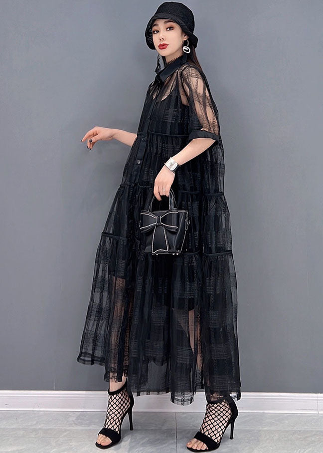 Black Hollow Out Tulle Shirt Dress Two Piece Set Outfits Button Summer