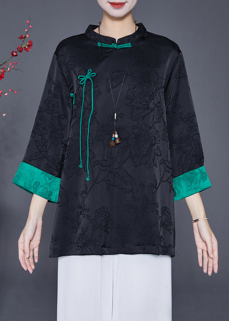 Black Jacquard Chinese Style Silk Shirt Top Chinese Button Fall