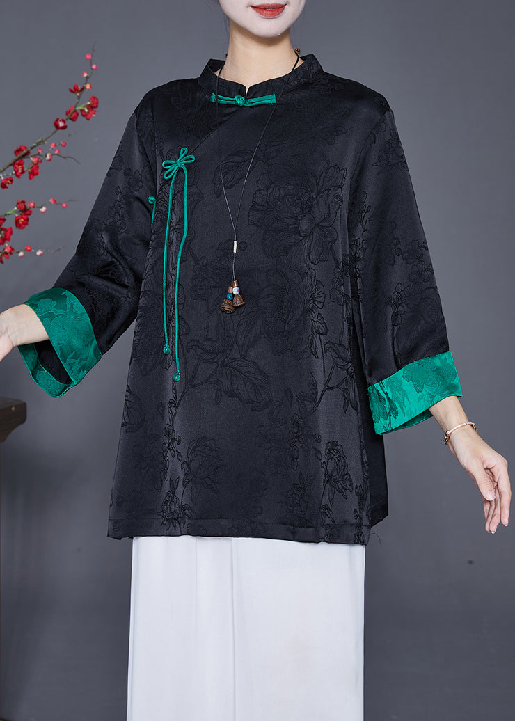 Black Jacquard Chinese Style Silk Shirt Top Chinese Button Fall
