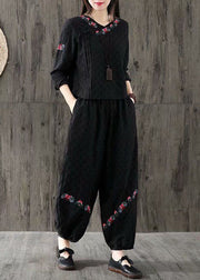 Black Jacquard Cotton Two Piece Set Women Clothing Embroidered Oriental Button Spring