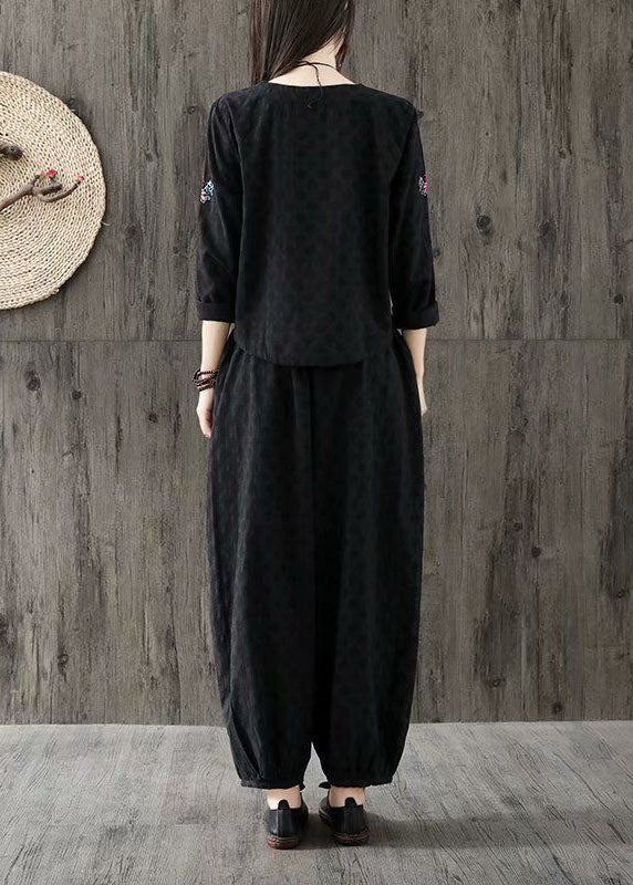 Black Jacquard Cotton Two Piece Set Women Clothing Embroidered Oriental Button Spring