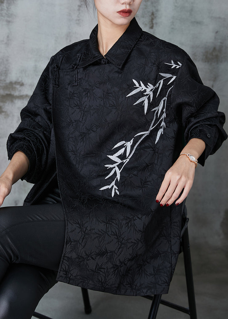 Black Jacquard Silk Shirt Embroideried Chinese Button Spring