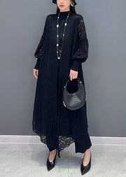 Black Knit Patchwork Lace Long Dress Asymmetrical Long Sleeve