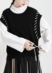 Black Knit Vest O-Neck drawstring Asymmetrical Spring