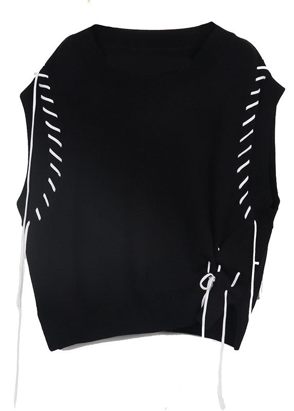 Black Knit Vest O-Neck drawstring Asymmetrical Spring