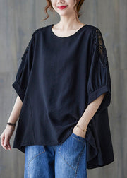 Black Lace Patchwork Cotton T Shirt Top Asymmetrical Summer