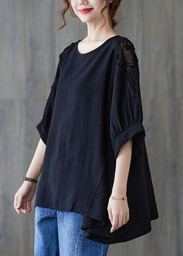 Black Lace Patchwork Cotton T Shirt Top Asymmetrical Summer