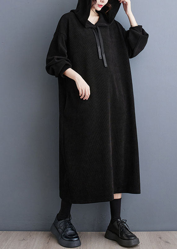 Black Lace Tie Patchwork Hooded Long Dress Long Sleeve