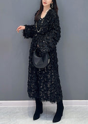 Black Lace Up Patchwork Fuzzy Fur Fluffy Long Dressess V Neck Spring