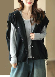 Black Lace Up Pockets Cotton Waistcoat Hooded Spring