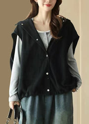 Black Lace Up Pockets Cotton Waistcoat Hooded Spring