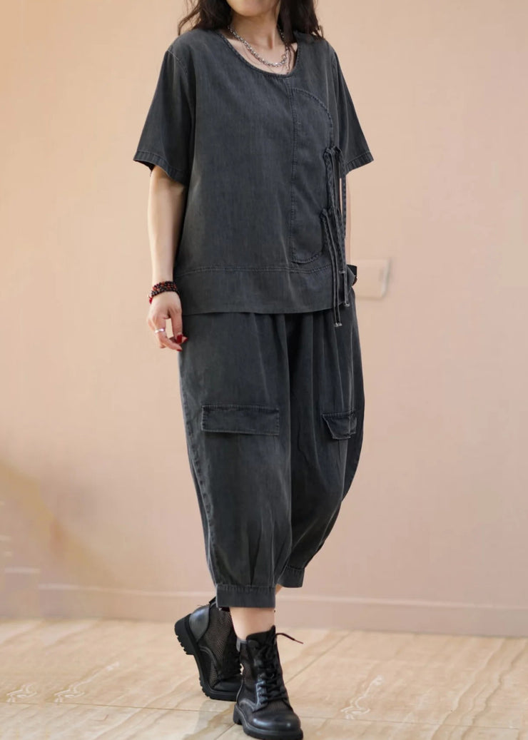 Black Lace Up Pockets Patchwork Denim Two Piece Suit Set Summer