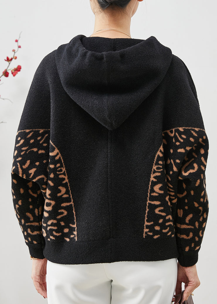 Black Leopard Print Woolen Jackets Hooded Spring
