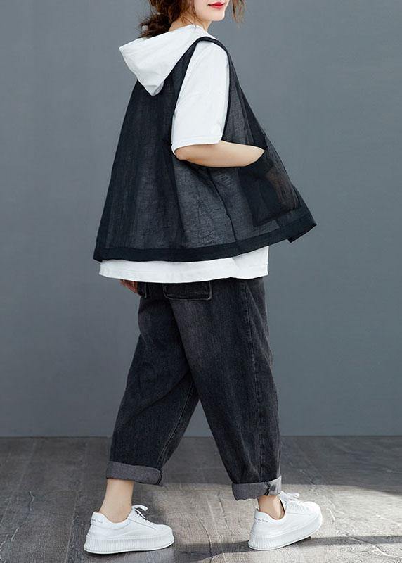 Black Linen Cardigan Vest Large Women Summer - SooLinen