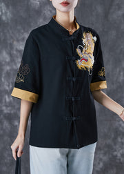 Black Linen Top Embroidered Chinese Button Short Sleeve