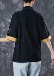Black Linen Top Embroidered Chinese Button Short Sleeve