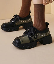 Black Loafers Platform Cowhide Leather Rivet Handmade Lace Up Loafers