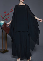 Black Loose Chiffon Two Piece Suit Set Asymmetrical Design Spring