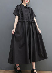 Black Loose Cotton Maxi Dresses Ruffled Cinched Short Sleeve