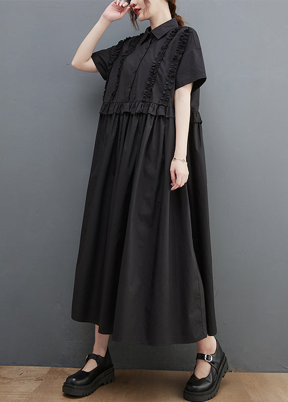 Black Loose Cotton Maxi Dresses Ruffled Cinched Short Sleeve