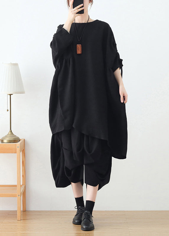 Schwarze, lockere Baumwoll-Pullover-Tops, asymmetrisches Design, lange Ärmel