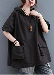 Black Loose Cotton Sweatshirt Streetwear Hooded Pockets Summer