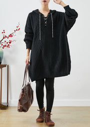 Black Loose Knit Long Sweater Dress Hooded Fall