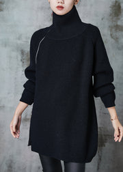 Black Loose Knit Sweaters Asymmetrical Zip Up Spring