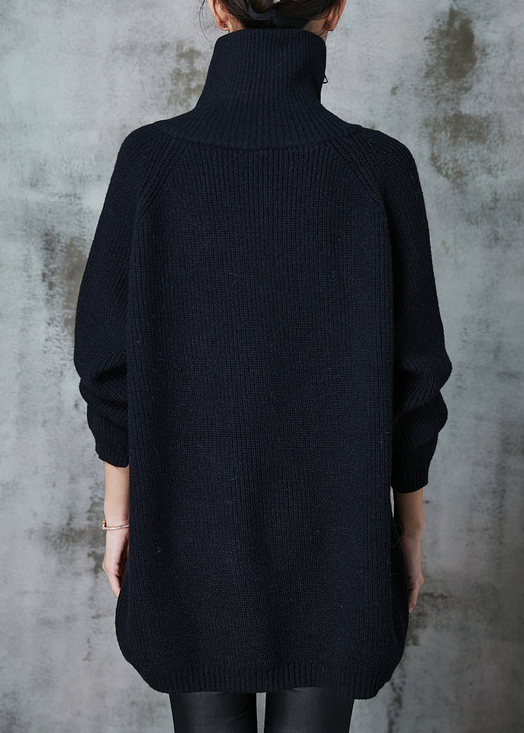 Black Loose Knit Sweaters Asymmetrical Zip Up Spring
