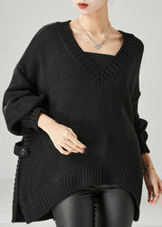 Black Loose Knit Sweaters V Neck Side Open Spring