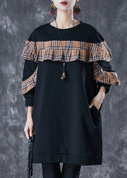Black Loose Patchwork Cotton Sweatshirt Dress Ruffled Fall