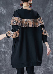 Black Loose Patchwork Cotton Sweatshirt Dress Ruffled Fall