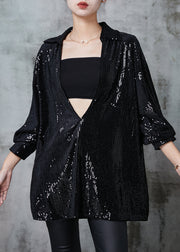 Black Loose Sequins Shirt Top Deep V-neck Spring
