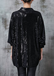 Black Loose Sequins Shirt Top Deep V-neck Spring