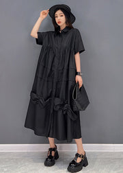 Black Loose Shirt Dresses Asymmetrical Design Wrinkled Short Sleeve