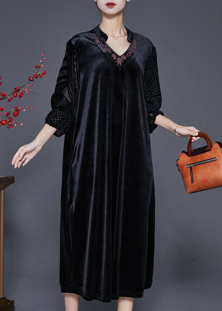 Black Loose Silk Velour Dress V Neck Embroidered Fall