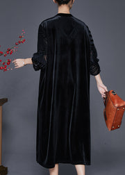 Black Loose Silk Velour Dress V Neck Embroidered Fall