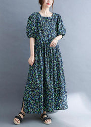 Black Loose Square Collar Print Pockets Summer Robe Dresses Puff Sleeve - SooLinen